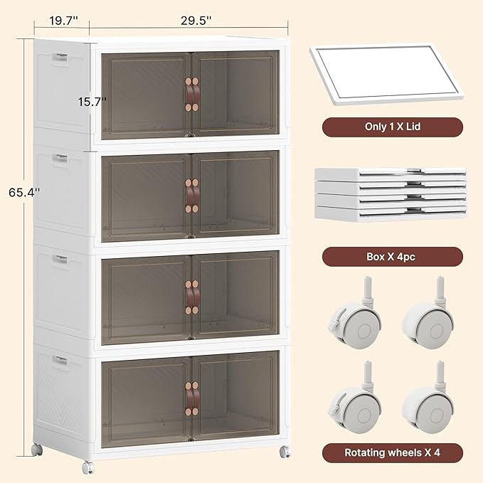 1164QT Extra Large Stackable Storage Bins with Lids & Wheels & Door, 291Gal Foldable Collapsible Closet Organizers, Plastic containers drawers for bedroom Dorm