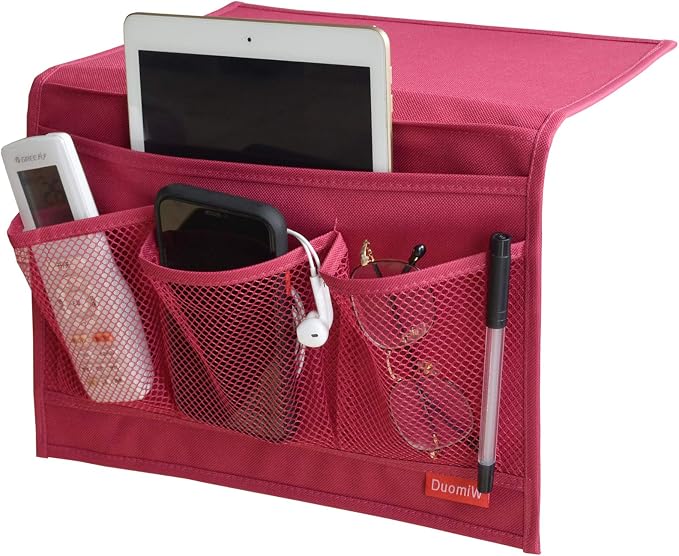 Bedside Storage Organizer, Bedside Caddy, Table Cabinet Storage Organizer, TV Remote Control, Phones, Magazines, Tablets, Accessories (Red)