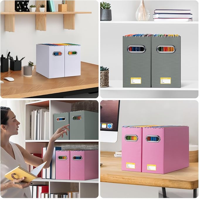 BALEINE File Organizer Box, Cardboard File Folder Organizer with Handle for Letter Size, Portable Collapsible Hanging Filing Box for Home Office Document Storage (4 Pack, Grey)