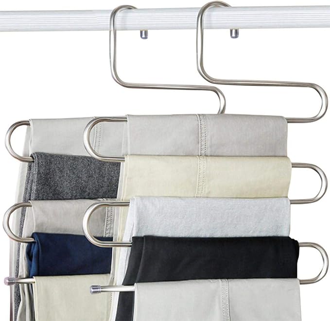 devesanter Pants Hangers Non-Slip S-Shape 4 Pack Trousers Hangers Stainless Steel Clothes Hangers Closet Storage Organizer for Pants Jeans Scarf (4 Pack with 10 Clips)