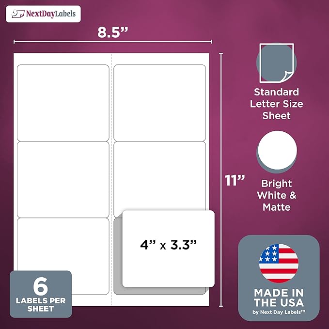 NextDayLabels – 4" x 3-1/3" Rectangular Sticker Labels for Printer - White Laser/Inkjet Printer Labels Return Address Labels Shipping Label Stickers (100 Sheets, 6 Per Sheet, 600 Labels)