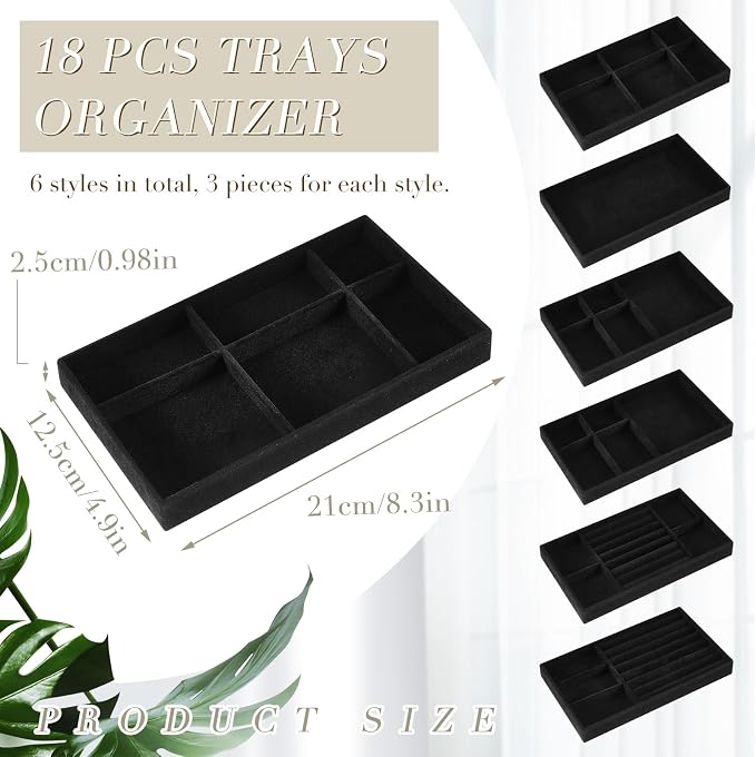 Junkin 18 Pcs Jewelry Drawer Organizer Inserts, Stackable Jewelries Inserts for Dresser Drawers, Drawer Insert Organizers Velvet Jewelry Trays for Rings Earring Bangle Necklace(Black)