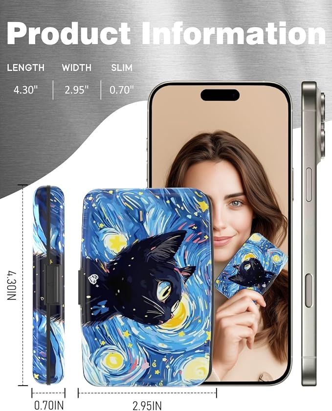 Maicican Credit Card Holder, Mini RFID Blocking Aluminum Wallet | Slim Metal Hard Case Travel Wallet ID Case for Women and Men, 4.3 x 2.9 Inches, Starry Sky and Black Cat