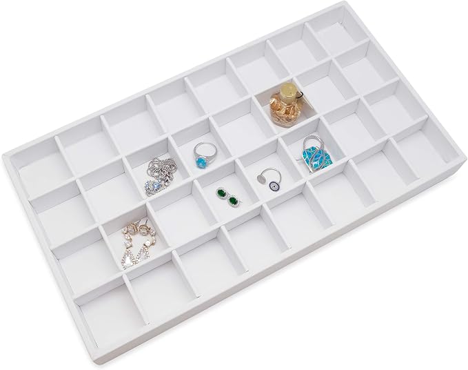 The Display Guys - Stackable Jewelry Tray and Organizer - for Drawers, Dressers, Store Display (32 Compartments, White Leatherette)
