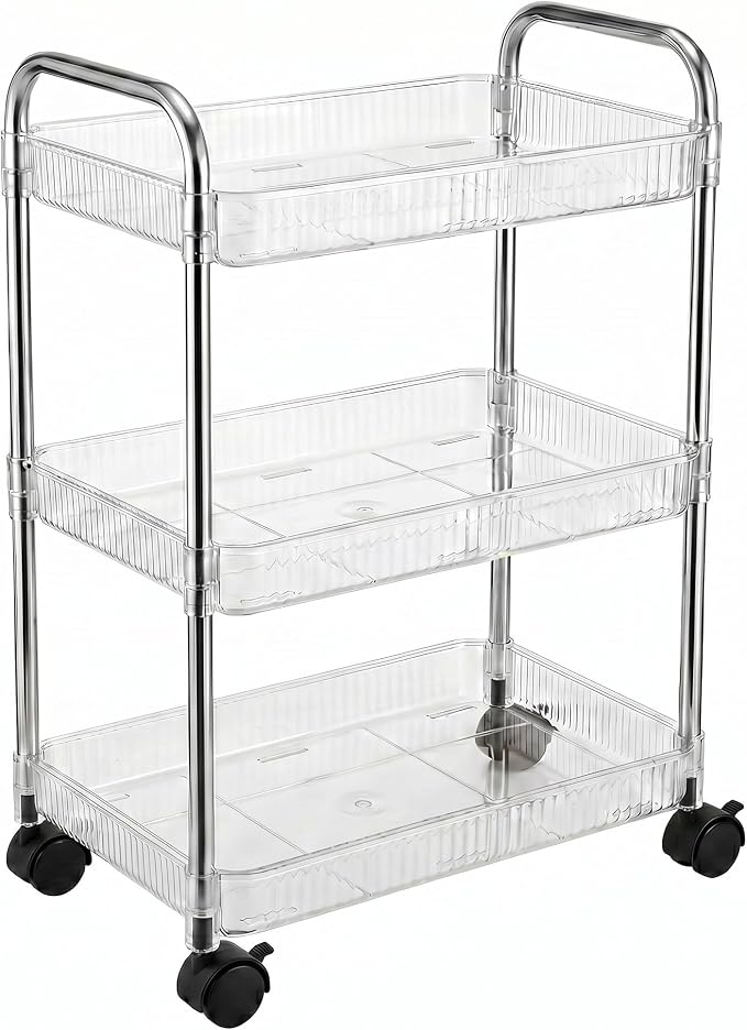 3 Tier Rolling Cart with Lockable Wheels, Clear Acrylic Slim Utility Cart, 13" x 8.3" x 26" Narrow Storage Organizer for Bathroom, Kitchen, Office - Lightweight & Tool-Free Assembly (Clear)