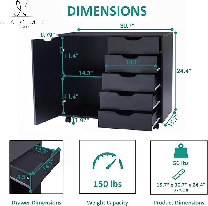 Naomi Home Wooden 5 Drawer Office File Cabinet with Shelves and Wheels, Mobile Storage Cabinet with Drawers for Home Office, Ideal for Under Desk or Printer Stand Use in Black