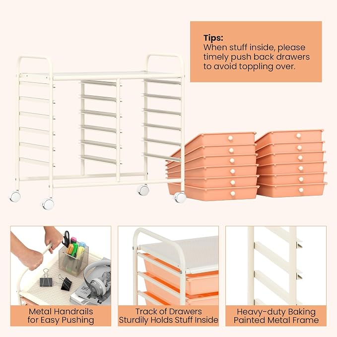 LDAILY 12 Drawer Rolling Storage Cart, Craft Cart Organizer on Wheels w/Metal Frame, Large Capacity & Smooth Drawer, Rolling Cart w/Drawers for Classroom, Office