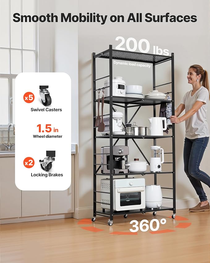 VEVOR 5-Tier Foldable Storage Shelf, 32W x 14D x 72H Inch Folding Metal Rack Shelving Unit, Heavy Duty No Assembly Organizer Shelf with 5 Wheels & 4 Hooks for Pantry, Kitchen, Garage, Basement, Black