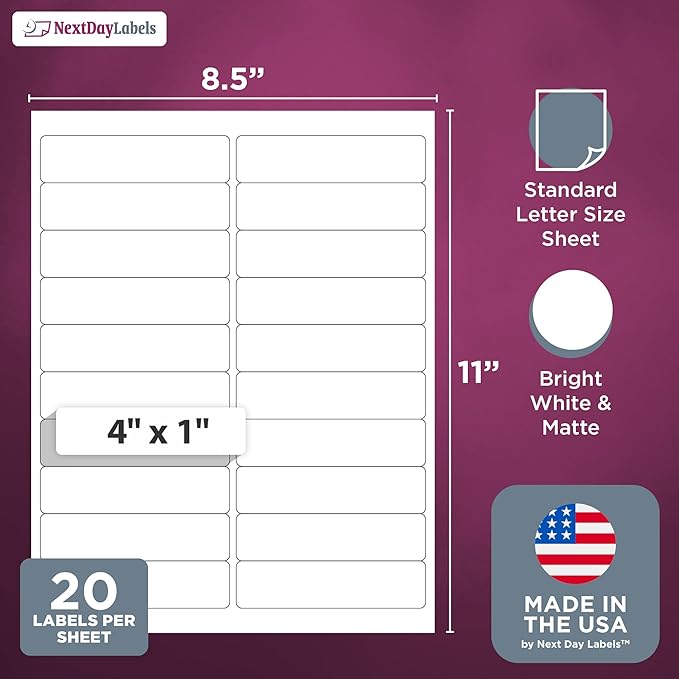 NextDayLabels 4x1 Inch Rectangle Stickers White Blank Labels for Laser Inkjet Printer - 20 Per Sheet Self-Adhesive Return Address Shipping Made in USA - 500 Labels