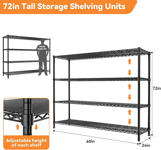 ROOMTEC 4-Tier Heavy Duty Garage Shelves, 60"L*24"W*72"H, Max Loads 3200LBS | Adjustable Storage Shelves, Wire Shelving, Industrial Metal Shelf Rack for Kitchen, Laundry, Pantry, Warehouse, Basement