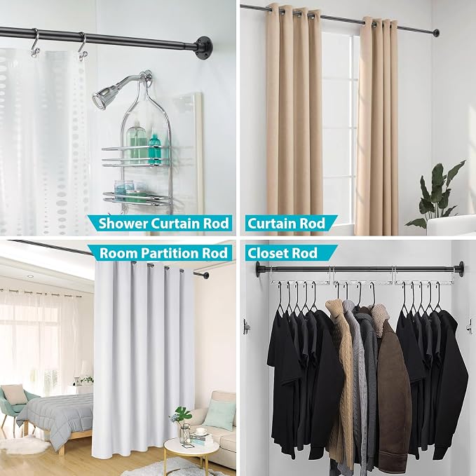 Shower Curtain Rod, Closet Rod 28-51 Inch，Adjustable Heavy Duty Shower Rods for Bathroom Wall Mounted Permanent Industrial Shower Curtain Rod Rust Proof Stainless Steel Black