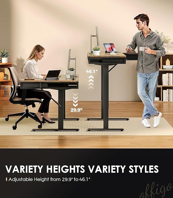 OffiGo 63 Inch L Shaped Electric Standing Desk with 4 Drawers, Rustic Brown | Reversible Corner Table, Office Desk With 4 Drawers and Outlets For Home Office, Computer Workstation And Sit Stand Use