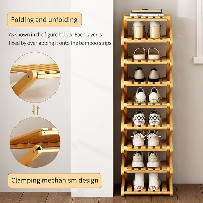 Bamboo Foldable Shoe Rack, 9 Tier Portable Shoe Storage Rack, Multi Functional Narrow Vertical Shoe Racks, Shoe Shelf for Entryway, Corner, Bedroom, Hallway, Balconies, Small Space