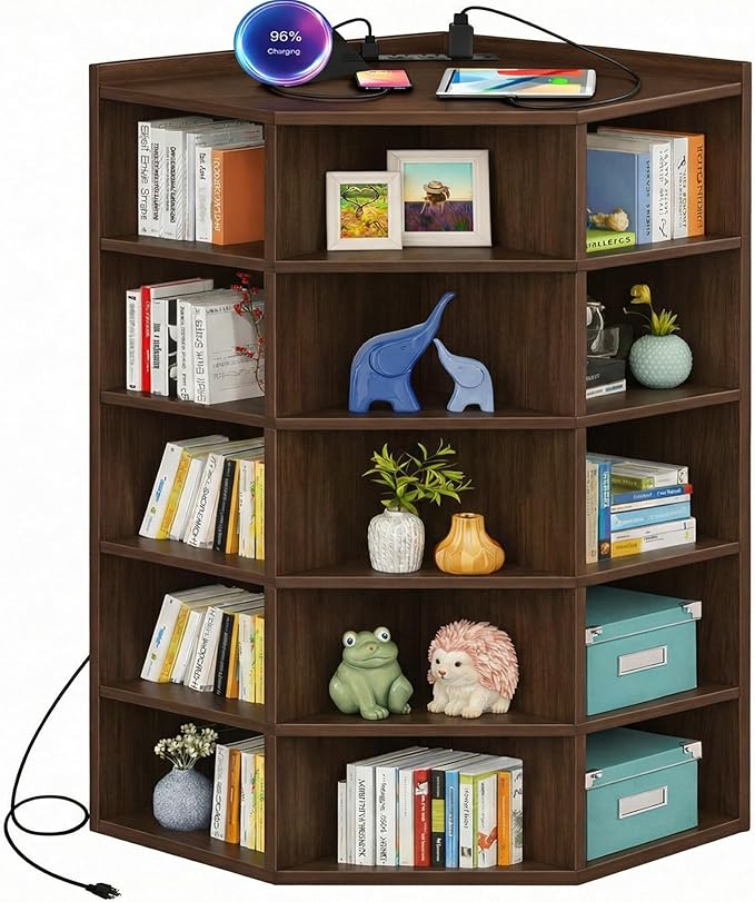Aheaplus Corner Cabinet, 6-Tier Corner Bookshelf with Power Outlets, Corner Cube Storage Shelf with Top Table, Wooden L Shaped Cubby Storage for Home Office, Bedroom, Living Room, Black Walnut