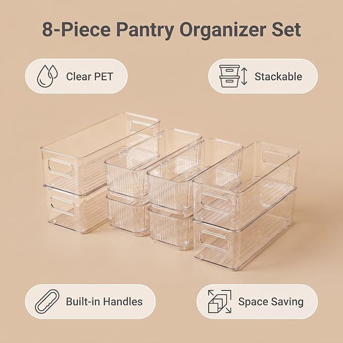 8-Piece Kitchen Storage and Organization Set | Expandable Drawer Organizer Bins and Stackable Storage Containers for Cabinet, Pantry,Refrigerator,Clear Plastic Adjustable