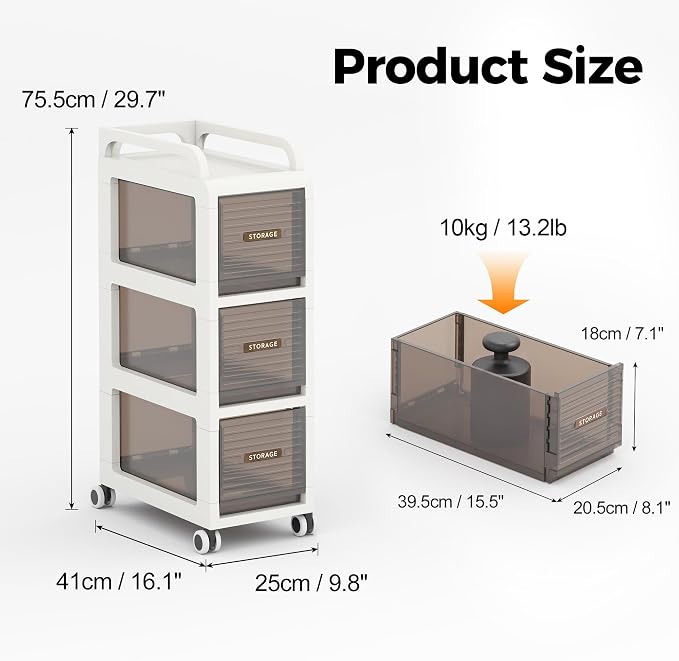 Bathroom Storage with Drawers, 9.8" Wide Wide Slim Storage Cabinet with Wheels for Small Spaces, Narraw Cart for Kitchen Office Bedroom Dinning Room Under Desk, 29.7" Tall