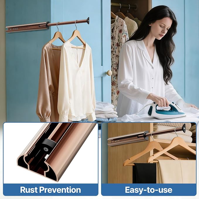Valet Rod 14-Inch，Tenovel Pull-Out Closet Clothes Closet Hanging Rod, Rust-Free Closet Hanging Clothes Hat Rack Rod (Mounting Screws Included)-Rose Gold