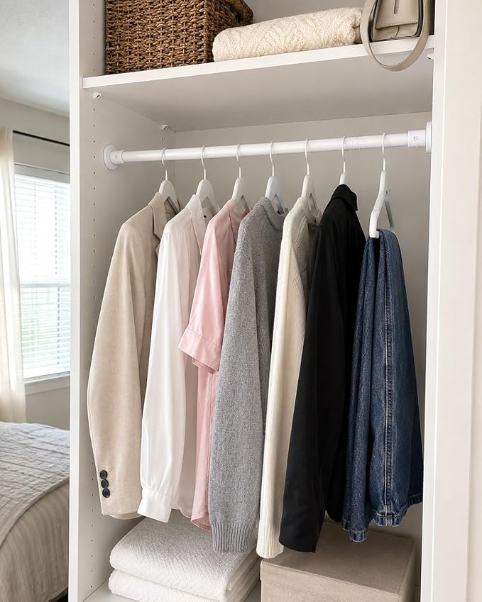 Closet Rods for Hanging Clothes, 18” to 48” Adjustable Closet Rod, Heavy Duty Closet Rod with Stainless Steel, Hanging Closet Rod for Laundry Rooms, RVs, Wardrobes, White