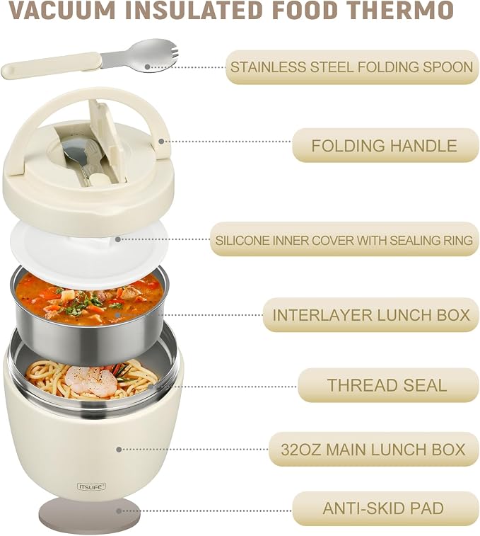 Itslife 32oz Insulated Soup Thermo, Vacuum Stainless Steel Food Jar for Hot & Cold Food, Leakproof Wide Mouth Lunch Container with Spoon, White