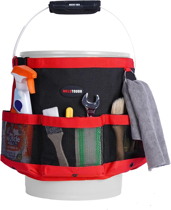 MELOTOUGH Bucket Tool Organizer Car Wash for Garden | Multiple Compartments, Fit 3.5-5 Gal Buckets, Durable Mesh Pockets, Water-Resistant, Easy To Carry, Car Washing