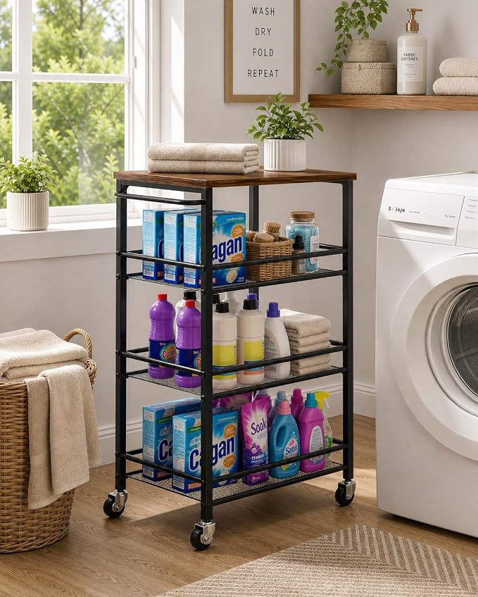 Pipishell Slim Storage Cart with Wheels, 4 Tier Rolling Bathroom Storage Cart with Handle and Wood Top, Metal Slim Kitchen Cart for Laundry Room, Bathroom, Kitchen, Narrow Space, Black & Rustic Brown