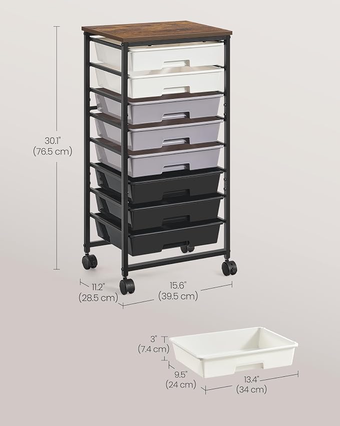 VASAGLE 8-Drawer Rolling Storage Cart, Utility Cart with Wheels and Wood Top, Craft Organizer for Office and Home, 15.6 x 11.2 x 30.1 inch, Black, BENCO Collection ULRC006B101
