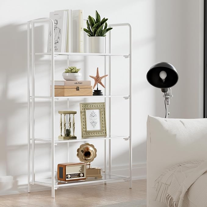 Crofy 4-Tier Wider Foldable Bookshelf, White Frame & Transparent Shelves | No-Assembly Collapsible Portable Storage Organizer; Sturdy Transparent Shelves; Ideal for Living Room & Home Office