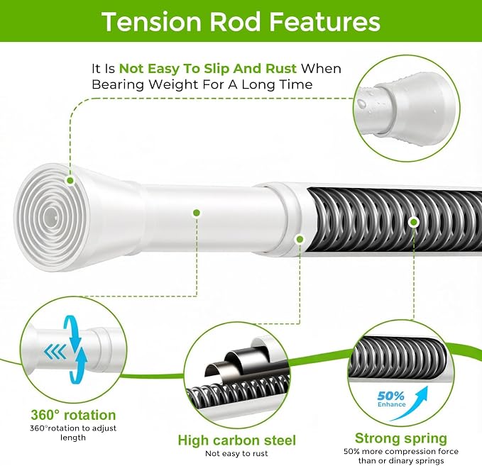 Spring Tension Rod 28-48 Inches No Drilling Adjustable White Spring Loaded Curtain Rod Expandable Extra Long Tension Curtain Rod for Windows,Kitchen,Doorway
