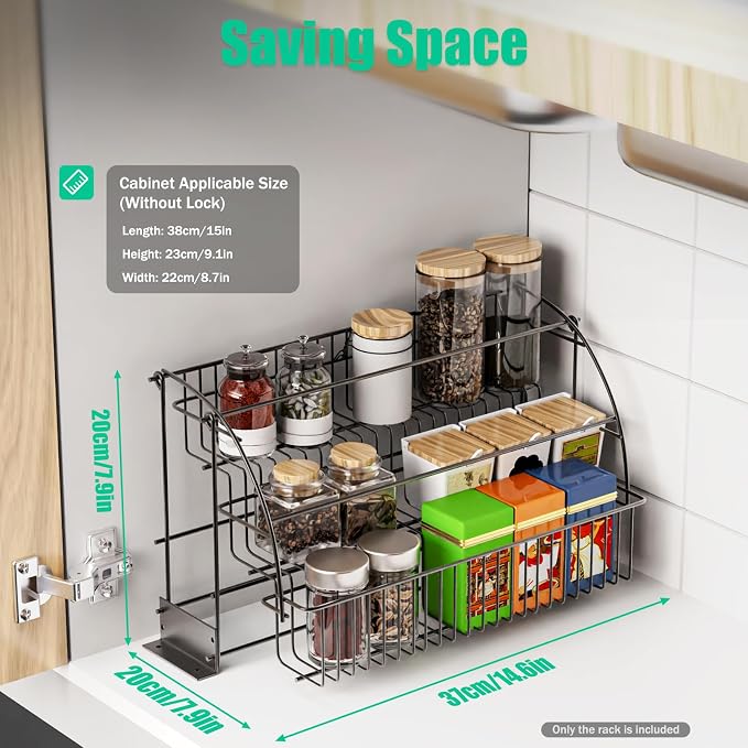 3-Tier Pull Down Spice Rack Organizer, 14.6 * 7.9 * 7.9in 11 lbs Load Capacity Pull Out Spice Organizer Shelf for Inside Cabinet Pantry Expandable Display Riser Shelf Kitchen Seasoning Shelf