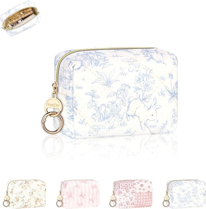 Quilted Mini Makeup Bag, Cute Small Cosmetic Bag for Purse, Plants | Floral Travel Makeup Pouch, Make Up Pouch for Women, Purse Organizer Pouches for Travel/ Gym/ Daily Use, Perfect Gifts