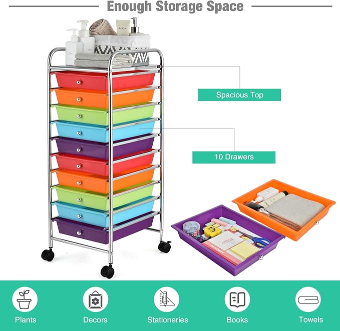 LDAILY 20-Drawer Rolling Storage Cart, Rolling Storage Cart, Storage Organizer on Wheels, Metal Frame, Scrapbook Paper Tools, Suitable for Office School, Classroom (Multicolor, 10 Drawer)