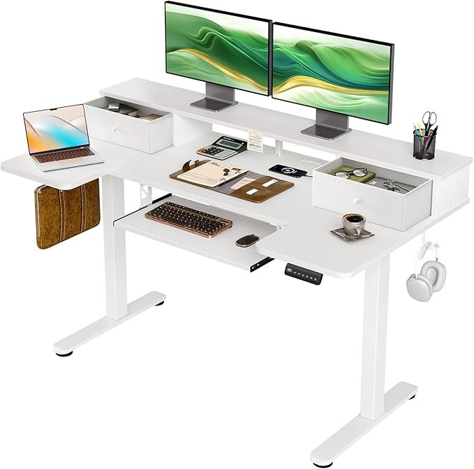 OffiGo 55 Inch U Shape Standing Desk with Keyboard Tray & Drawers, White | 3 Outlets & 2 USB Ports, Dual-Monitor Stand, 10 Colors & 10 LED Modes, 3 Presets, 28.3"-46.5"in Range, 154 lb Capacity