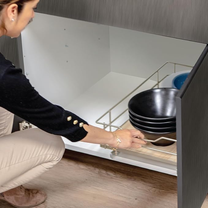 Home Zone Living Pull Out Kitchen Cabinet Organizer with Slide Out Drawer for Space Saving Storage, 14”W x 21”L, Satin Nickel Light Brown Wood Finish