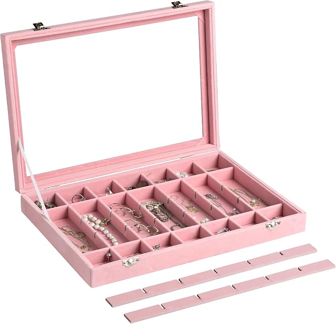 Frebeauty 35 Grid Earring Organizer,Velvet Jewelry Tray with Clear Lid | Drawer Jewelry Organizer for Rings Studs Beads,Adjustable Dividers,Dustproof Design,Earring Storage,Trinket Box,13.8×9.5Inch