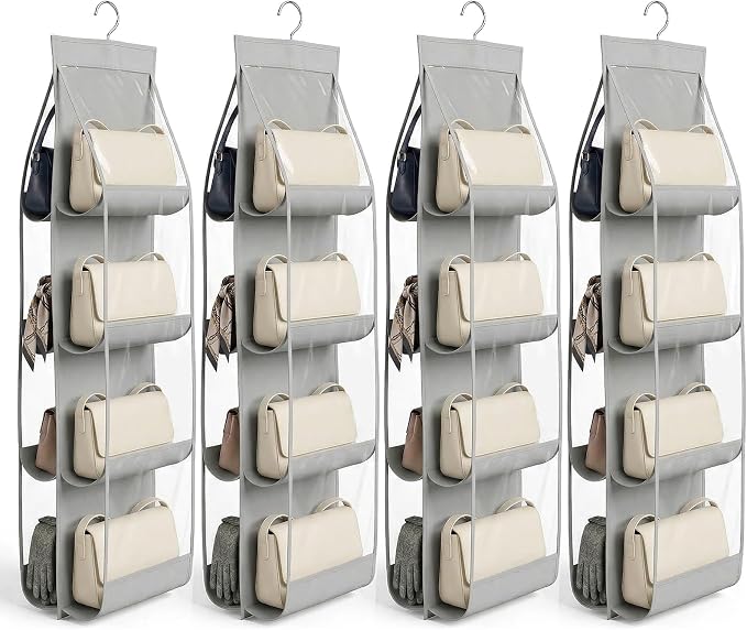 4-Pack Hanging Purse Organizer for Closet, Purse Storage Holder with 8 Clear PVC Pockets, Space Saving Handbag Hanger for Wardrobe Door Wall, Foldable Non-Woven Fabric, Gray