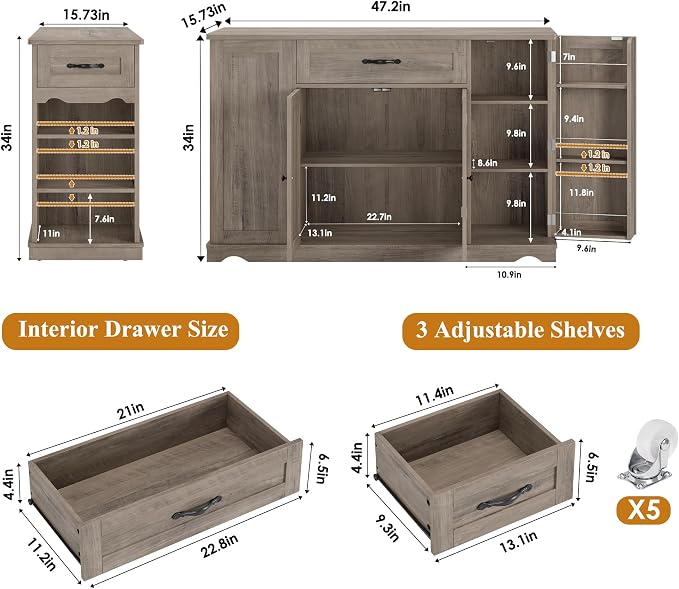 HOSTACK Kitchen Island Cart with Storage, Rolling Island Table, Ash Gray | 47"W Mobile Kitchen Storage Islands on Wheels with 2 Drawers, Adjustable Shelves, Movable Buffet Cabinet for Dining room
