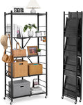 VEVOR 5-Tier Foldable Storage Shelf, 32W x 14D x 72H Inch Folding Metal Rack Shelving Unit, Heavy Duty No Assembly Organizer Shelf with 5 Wheels & 4 Hooks for Pantry, Kitchen, Garage, Basement, Black