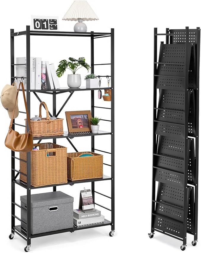 VEVOR 5-Tier Foldable Storage Shelf, 32W x 14D x 72H Inch Folding Metal Rack Shelving Unit, Heavy Duty No Assembly Organizer Shelf with 5 Wheels & 4 Hooks for Pantry, Kitchen, Garage, Basement, Black