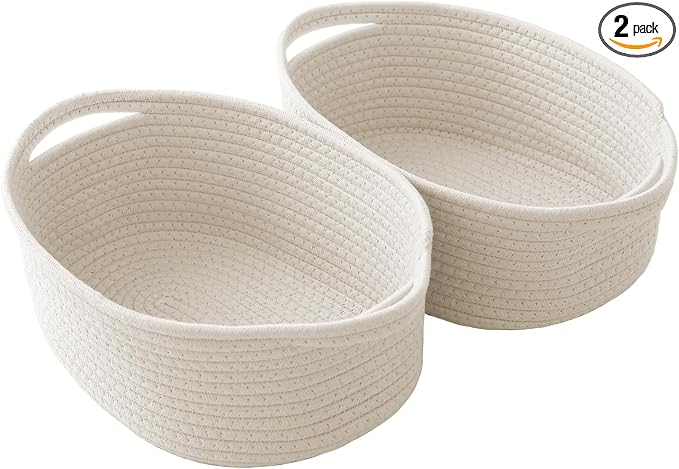 JMvicyroam Woven Basket,Small Rope Storage Bin with Handles & Ribbon Bag, Organizer for Shelves Closets,Gift Basket Empty for Birthday,Books,Dog Toys,White/2 Pack