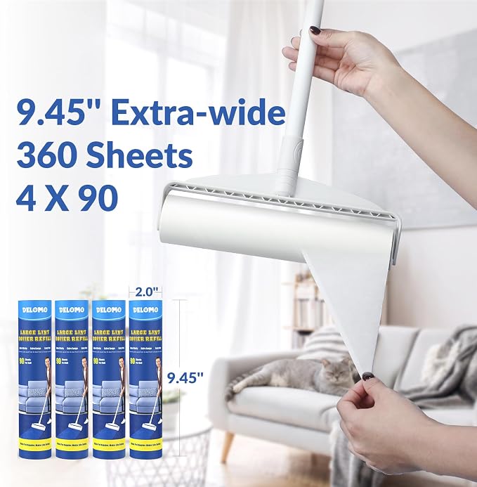 DELOMO 9.45” Large Lint Roller Refills, 6 Racks, 540 Extra Sticky Sheets | Sticky Roller Refills, Easy Tear Sheets, Compatible Only with DELOMO 9.45” Lint Roller, Floors, Carpets, Couches, Pet Hair