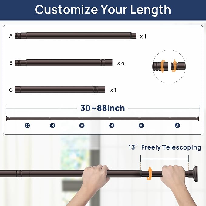 ENJOYBASICS Shower Curtain Rod 30 to 88 Inches, Stainless Steel Adjustable Spring Tension Rods No Drill for Bathroom, Closet, Window, Room Divider, Never Rust, Non Slip, Bronze