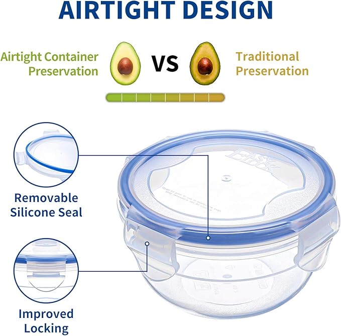 KIGI Round Food Storage Containers with Lids, Leak Proof Small Plastic Bowls for Soup, Snacks, Puree, Meal Prep and Lunch, 4-Sided Locking Lid, BPA-Free,10 oz / 1.25 Cup,12 Piece Set