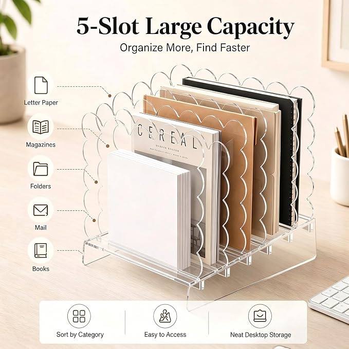 AmazingSpark Acrylic File Organizer for Desk, 5-Slot Acrylic File Sorter with Scalloped Edge, Clear Desktop Holder for Folders, Documents, Notebooks, Clipboards and Mail for Home, Office and School