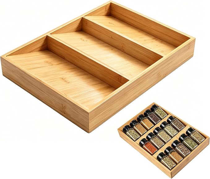 Spice Drawer Organizer for Cabinet, 3 Tier Bamboo Spice Rack Tray for Drawer, Kitchen Seasoning Organizer for Countertop Cupboard Pantry