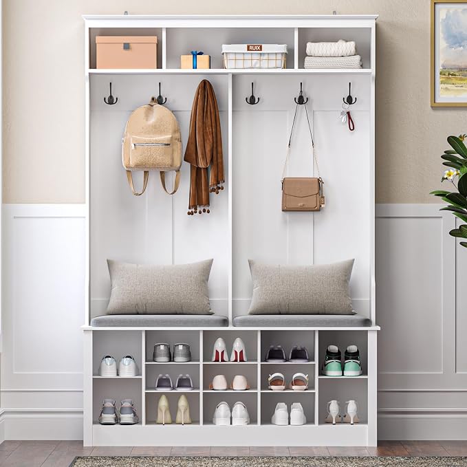 Wodeer Hall Tree with Bench and Shoe Storage, 53" Farmhouse 4-in-1 Mudroom Storage Organizer with Coat Rack, 6 Hooks, 12 Shoe Cubbies, Adjustable Shelf, for Entryway, Hallway, Living Room, White