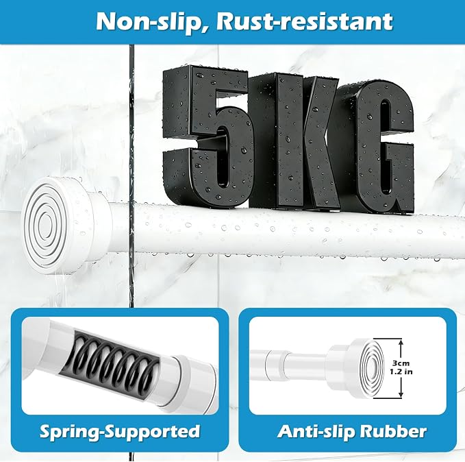 Spring Curtain Rod 33 to 56 Inch Adjustable White Curtain Rod No Drilling Non-Slip Expandable Tension Rod for Window, Doorway, Closet, Door, Wardrobe