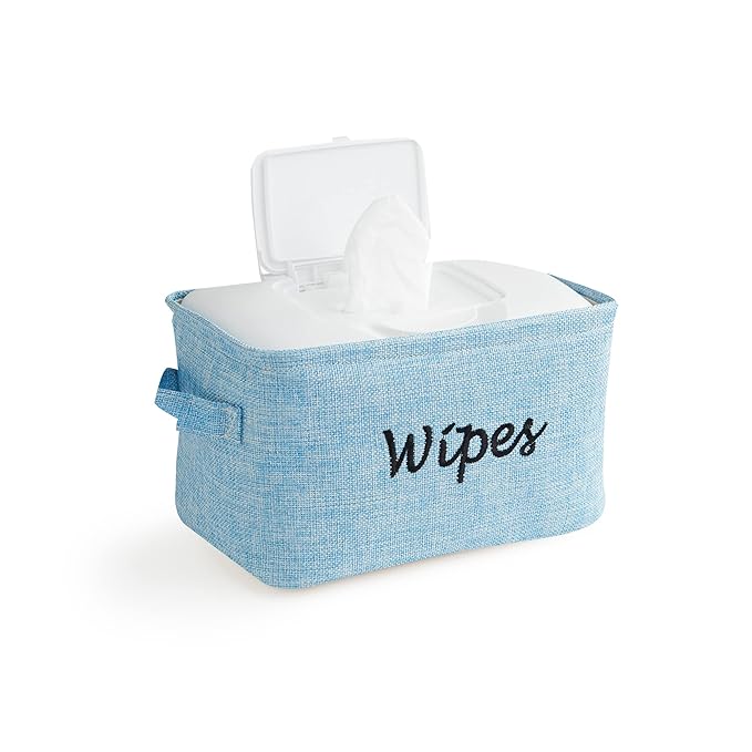 Dejaroo - Baskets for Organizing Wipes and Newborn Essentials, Diaper and Wipes Organizer, Embroidered Baby Shower Gifts for Moms, Linen Basket with Handle, 9 x 6 x 5.5 Inches, Blue