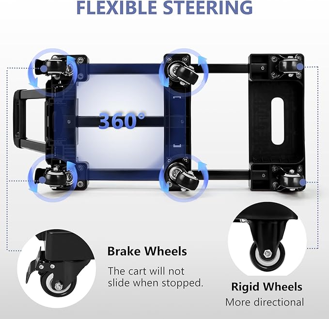 KEDSUM 550 LBS Folding Hand Truck with 6 Wheels(2 with Brake), Collapsible Dolly Cart with Wheels, Thickened Upgraded Steel Trolley Cart for Easy Moving, No-Assembly, with 1 Lashing Straps