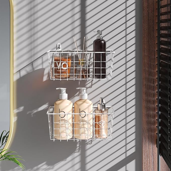 MaraFansie Hanging Wire Baskets Kitchen Storage Basket Adhesive and Screws Basket Over the Cabinet Door Organizer with Adhesive Strips and Screws Accessories, White, 4 Pack