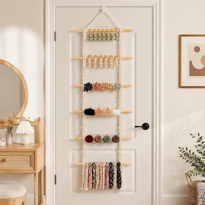 Macrame Hair Claw Clip Organizer Boho Wall Hanging | Hair Clip Storage Holder, For Claw Clips, For Hats & Scarves, Door & Closet Use, Home Decor